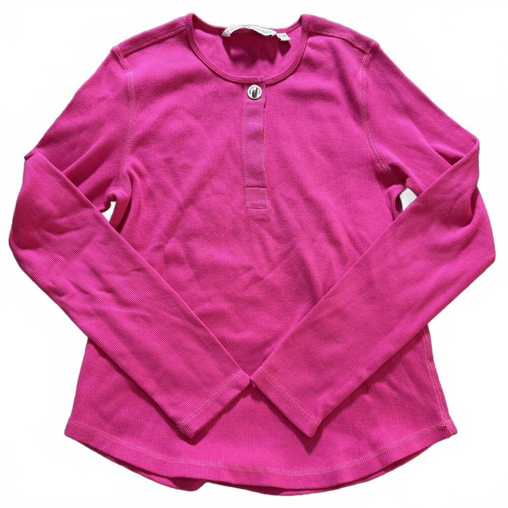 TOMMY HILFIGER Pink Ribbed Cotton Henley with Silver Toggle sz XL Y2K Preppy